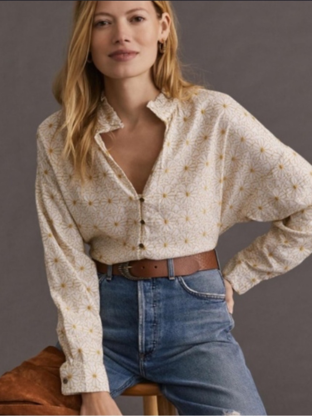 Anthropologie The Tavo Ivory and Gold Floral Button down shirt